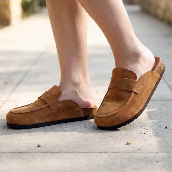 suede clogs, taupe clogs, cork footbed clogs