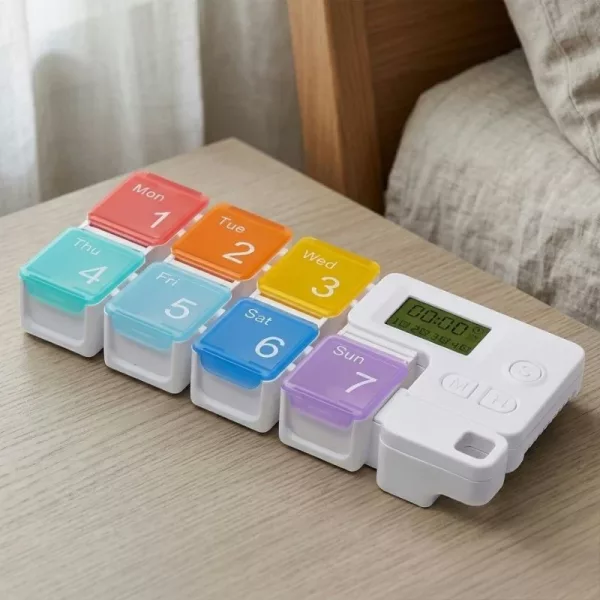 pill box with timer, pill box with alarm, pill dispenser with timer, medication box with timer